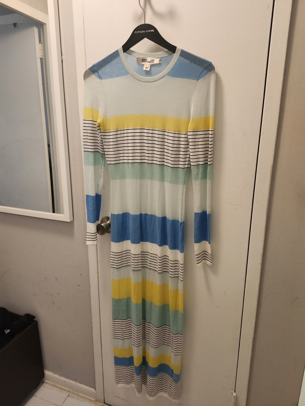 Diane von Furstenberg pastel blue and yellow striped knit Long Dress.
